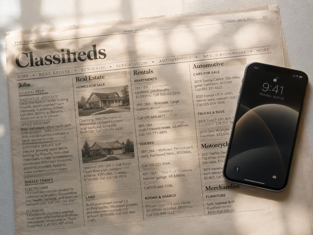 Halaman iklan klasifikasi akhbar dengan telefon pintar